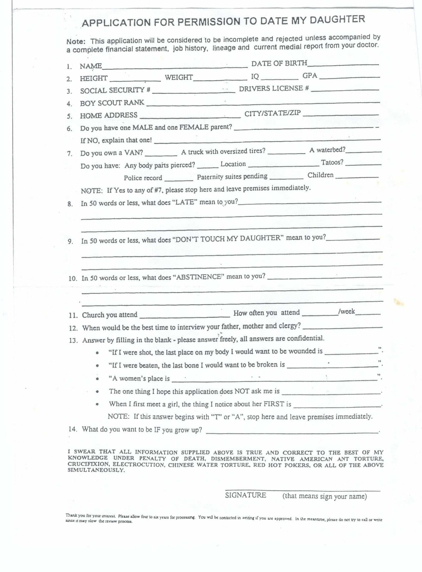 Scan of a novelty sheet headed “Application for permission to date my daughter”, kept at Ocean Cabin as a joke.