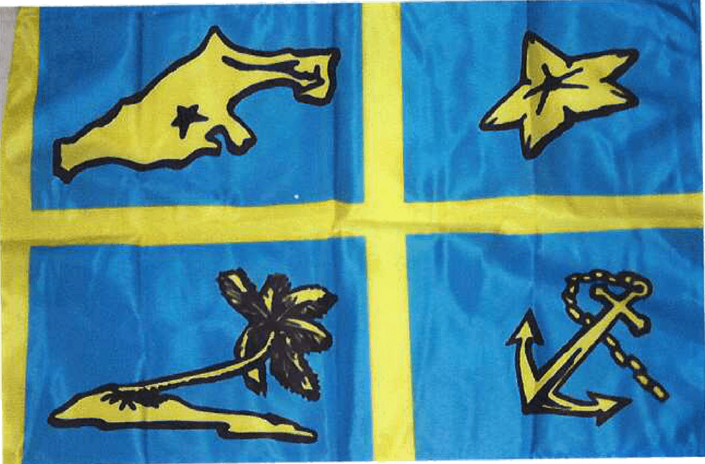 The flag of Farmer's Cay, painted by Terry Bain: an aquamarine field quartered by a gold cross, carrying a starfish, a palm, an anchor and the island itself.